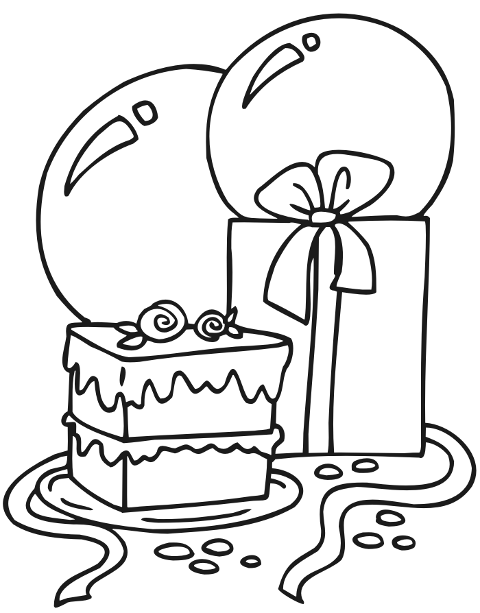 Birthday coloring page cake balloons presents