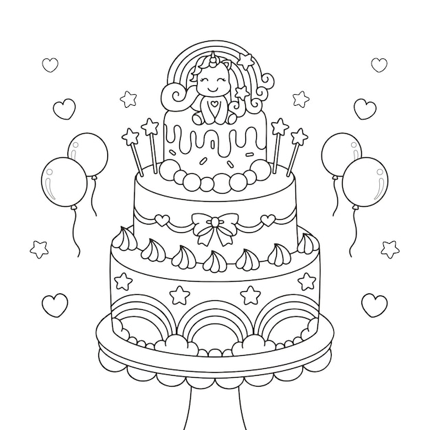 Premium vector cute uncorn birthday cake coloring page printable