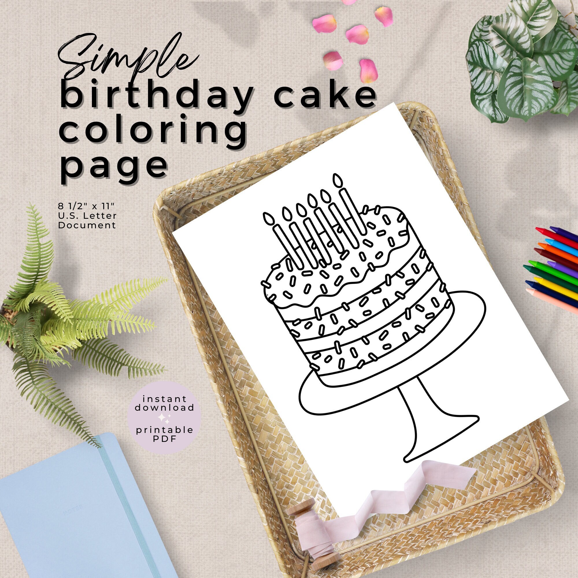 Simple birthday cake coloring page printable birthday cake coloring sheet birthday color page activity instant digital download pdf