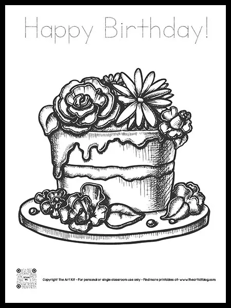 Free printable birthday cake coloring page with flowers dotted font â the art kit