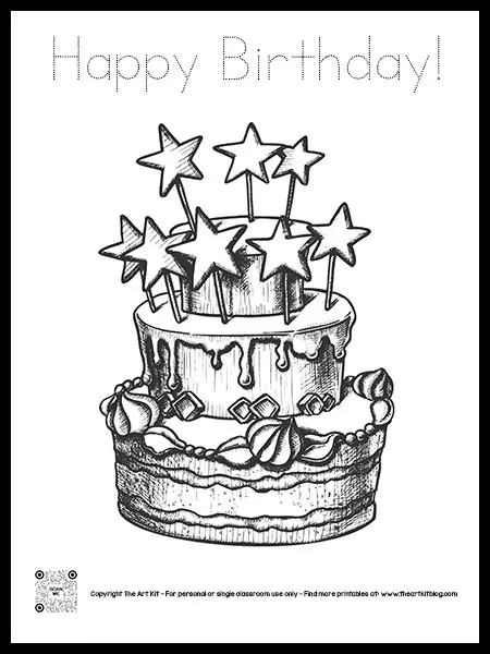 Printable birthday cake with stars coloring page cursive font â the art kit