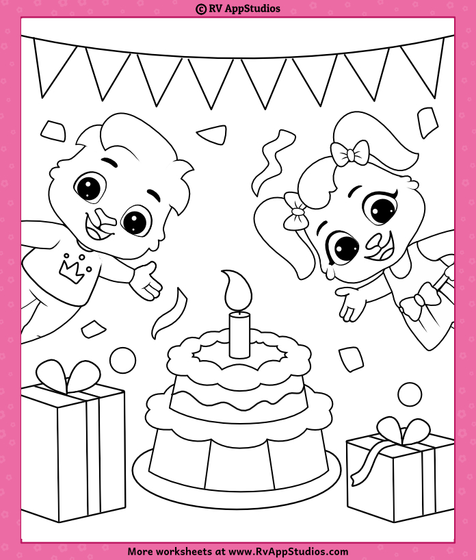 Happy birthday cake coloring page for kids