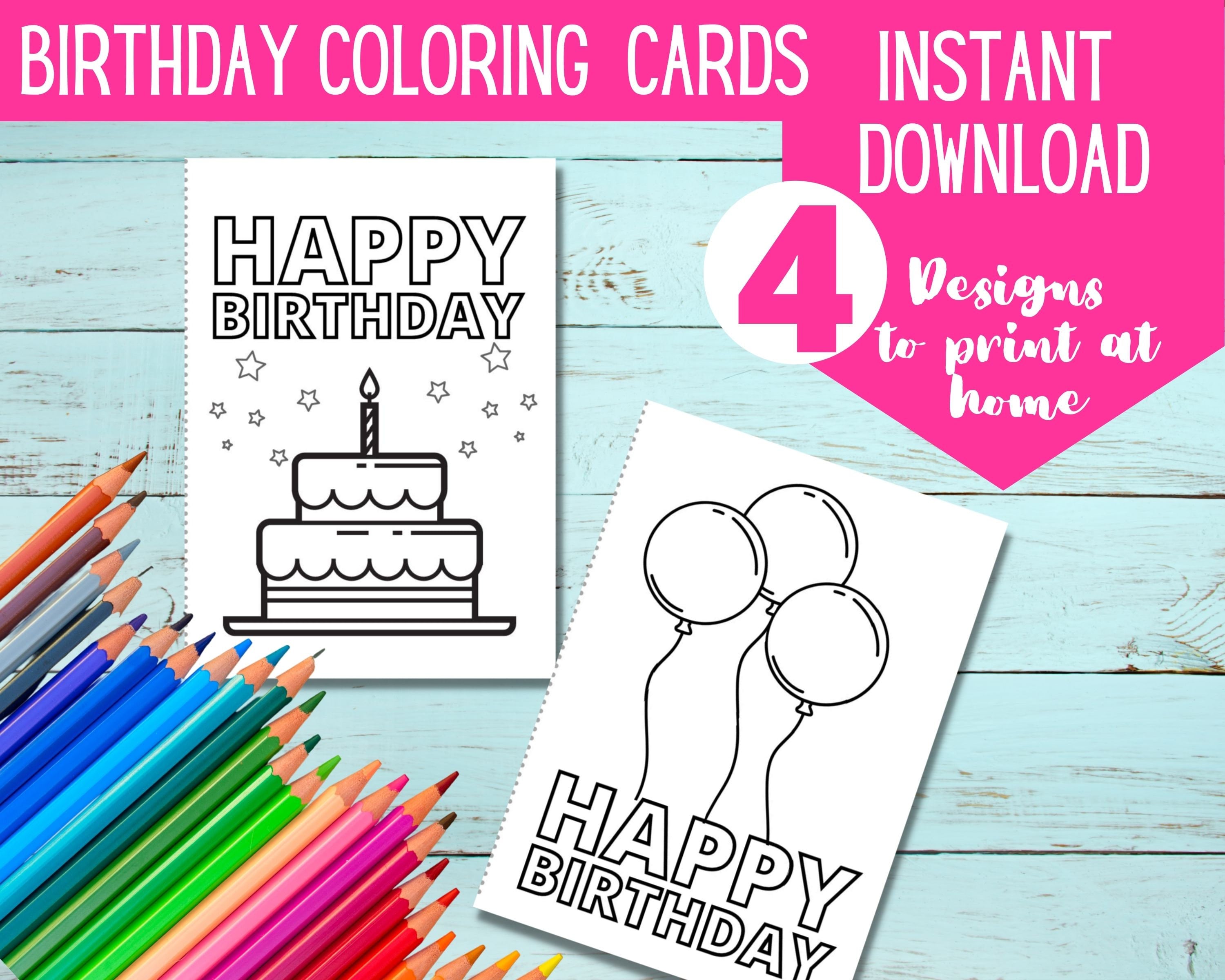 Printable birthday coloring cards color your own diy birthday card digital download coloring birthday cards for kids download now