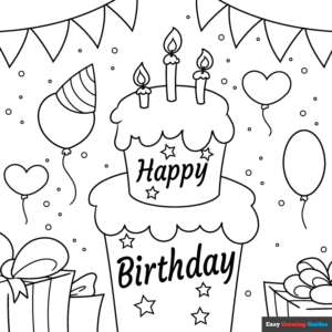 Happy birthday card coloring page easy drawing guides