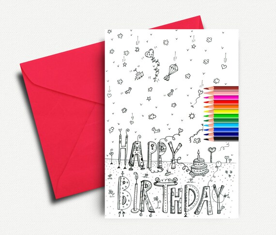 Coloring card happy birthday coloring cards adult coloring card printable card birthday cards birthday coloring instant download instant download