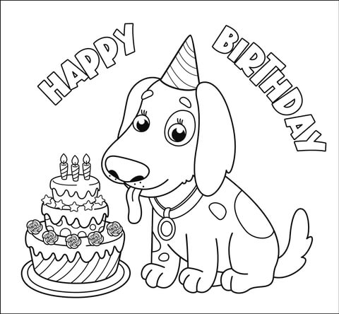 Happy birthday with dog coloring page free printable coloring pages