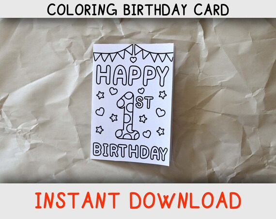 Happy birthday coloring card for kids first birthday and who loves coloring pages printable birthday card for st birthday instant download