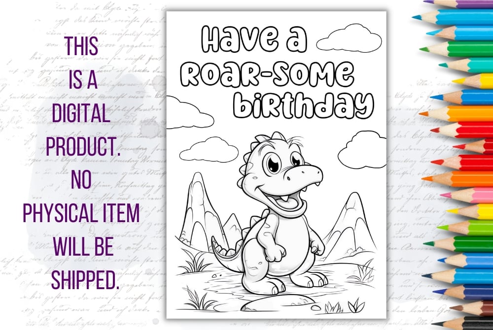 Printable coloring birthday card for kids digital coloring fun birthday card unique birthday gift coloring card for a boy coloring page for kids make a wish card dinosaur birthday card