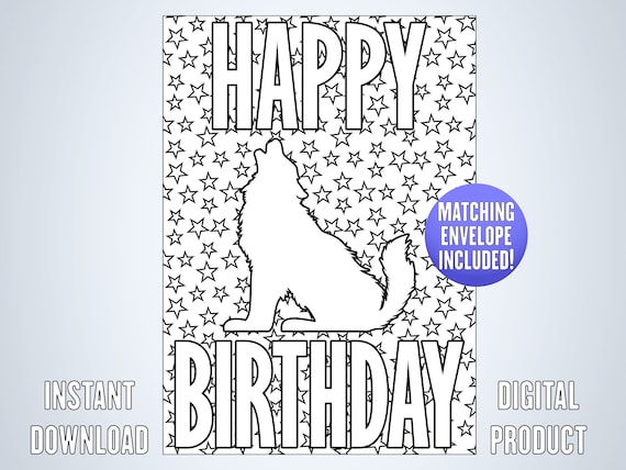 Happy birthday space wolf coloring card printable wolf constellation birthday card woodland animal coloring page rainbow star forest art