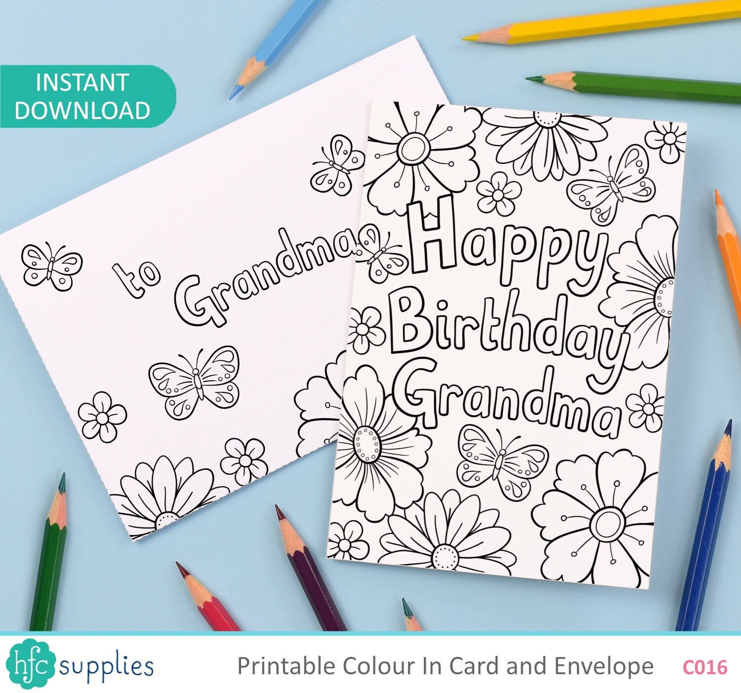 Happy birthday grandma printable colour in card and envelope flowers and butterflies digital instant download c