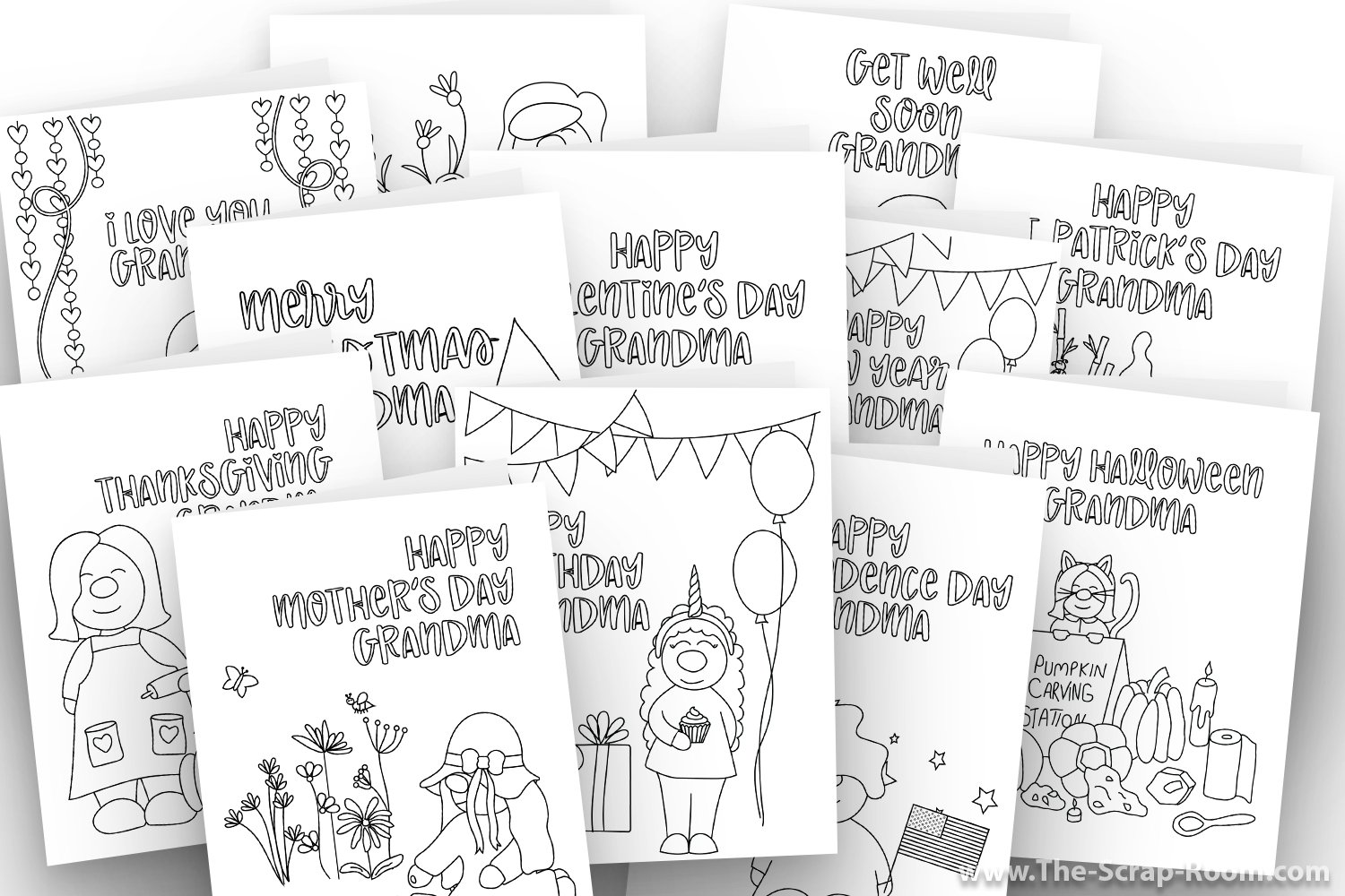 Printable coloring card bundle for grandma