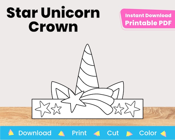 Unicorn birthday crown printable template diy kids craft project for coloring party favor paper hat instant digital download instant download