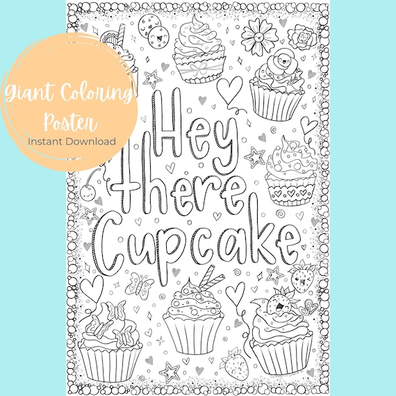 Giant coloring poster cupcake printable coloring page instant download cupcake birthday activity group activity slumber party game