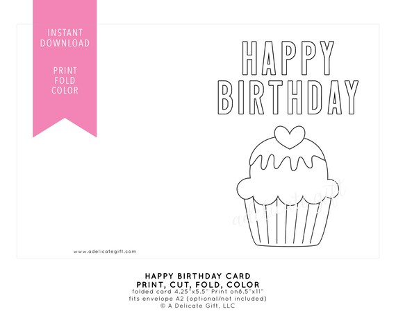 Printable happy birthday card cupcake instant download diy coloring page print and color