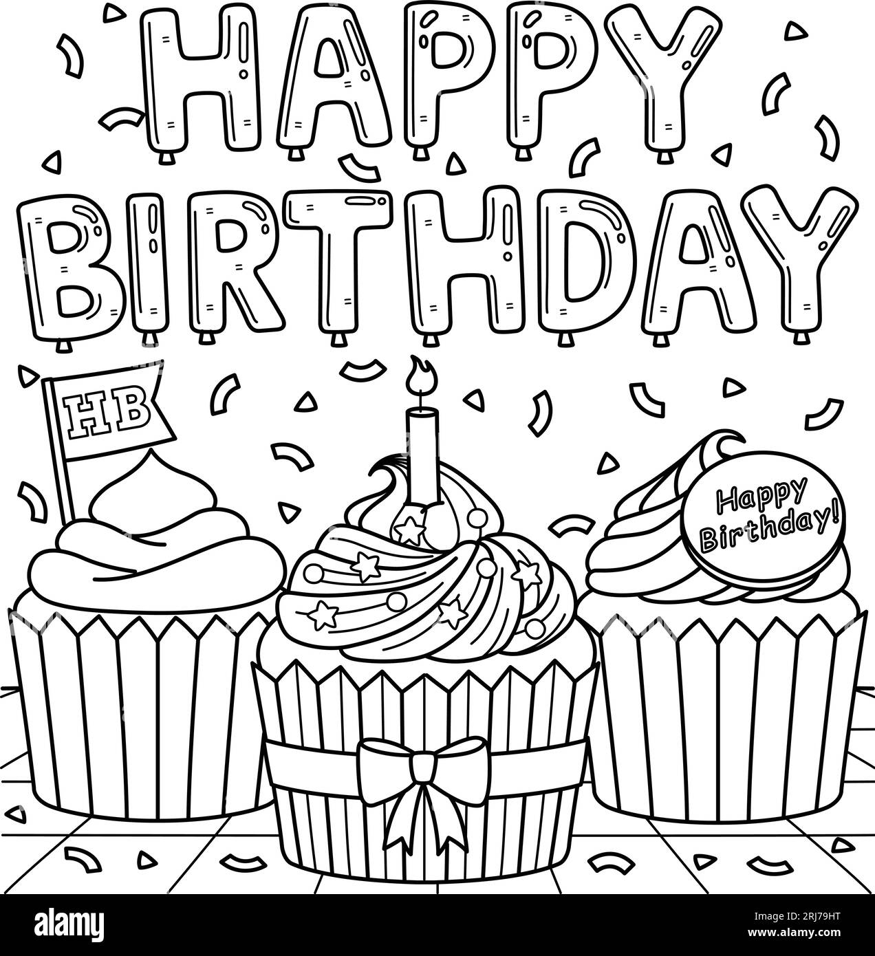 Happy birthday cupcakes coloring page for kids stock vector image art