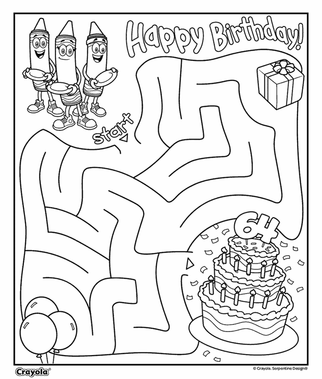 Count crayon birthday maze coloring page