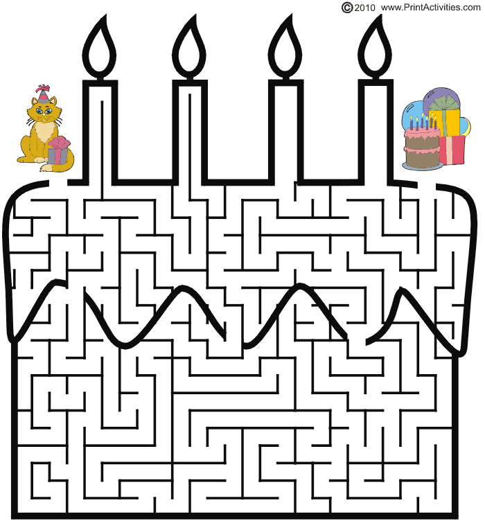 Birthday maze cake shape printable mazes mazes for kids maze