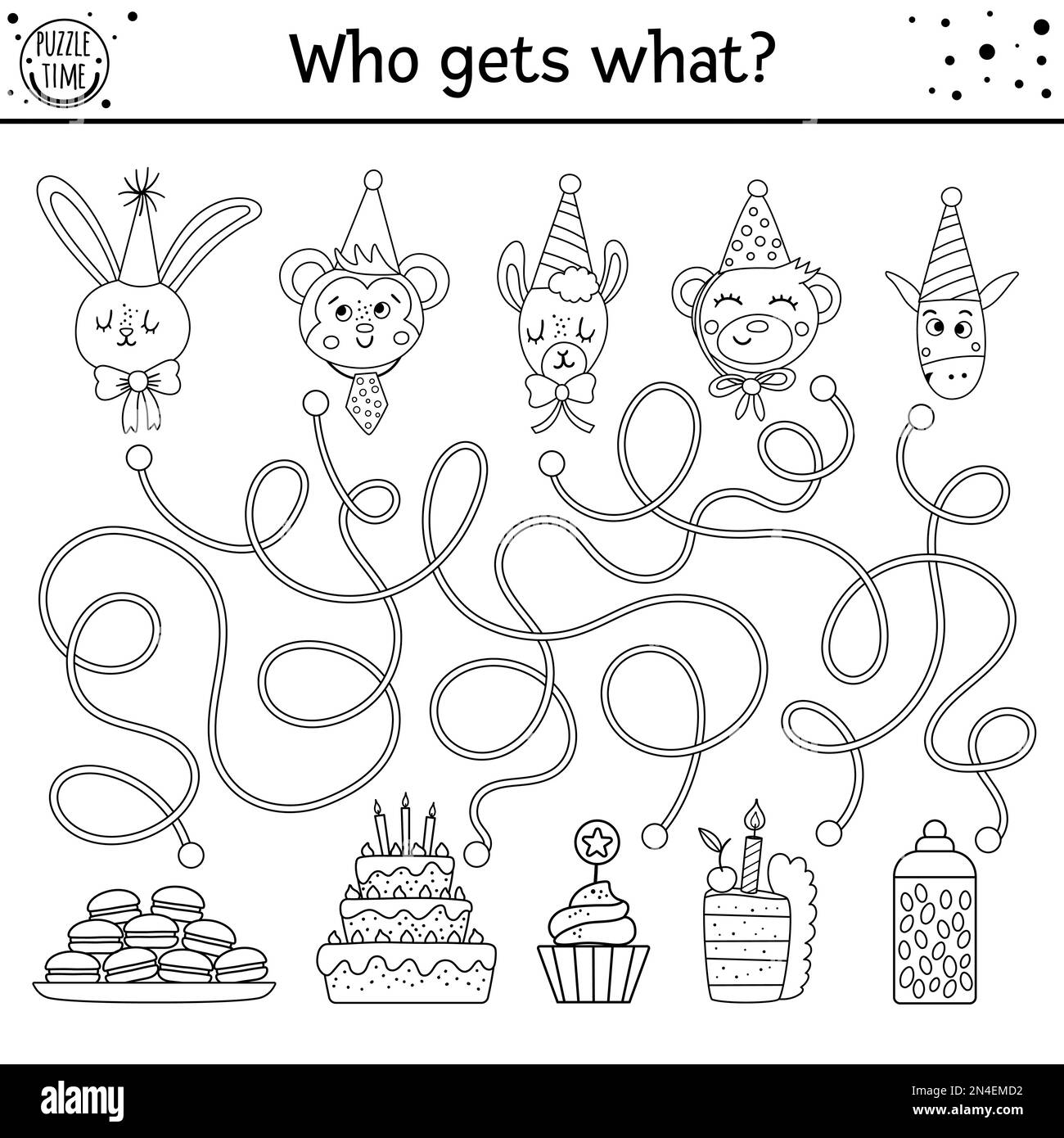 Birthday black and white maze for children holiday preschool printable outline educational activity funny line b