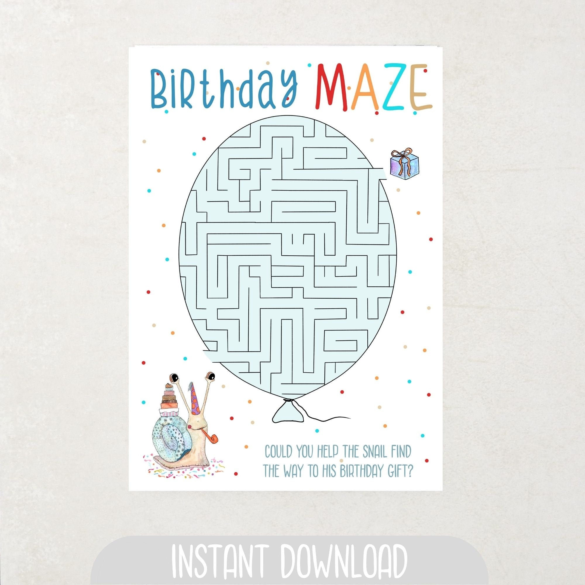 Printable birthday maze puzzle for kids with cute animal illustration instant download children activity pbg