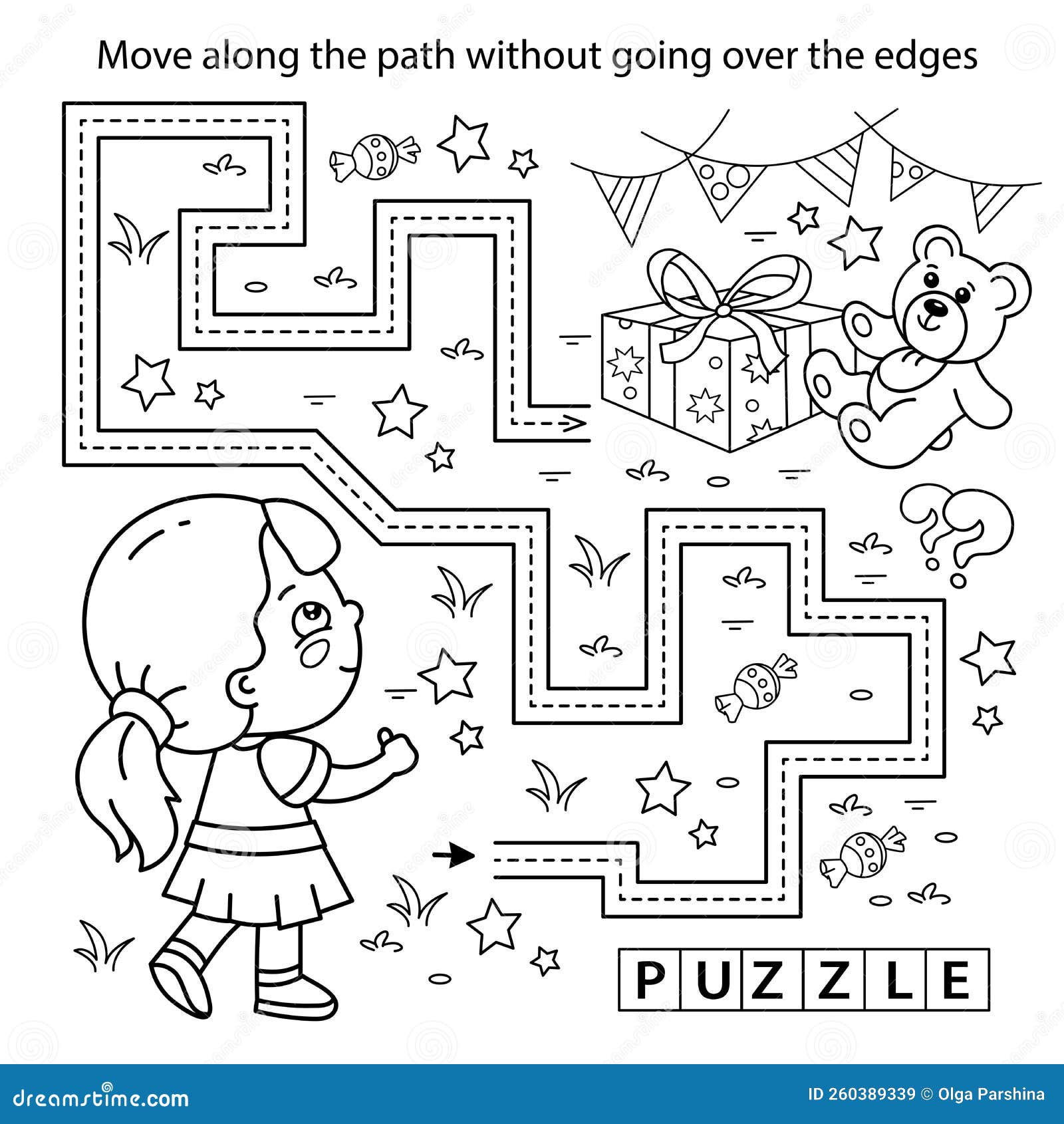 Handwriting practice sheet simple educational game or maze coloring page outline of cartoon little girl with gifts birthday stock vector