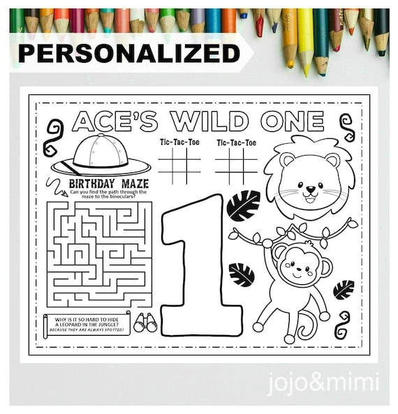 Jungle wild one printable placemat activity jungle coloring page personalized safari birthday party placemat jungle birthday