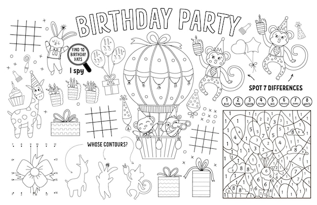 Premium vector vector happy birthday placemat for kids holiday party printable activity mat with maze tic tac toe charts connect the dots find difference black and white play mat or coloring