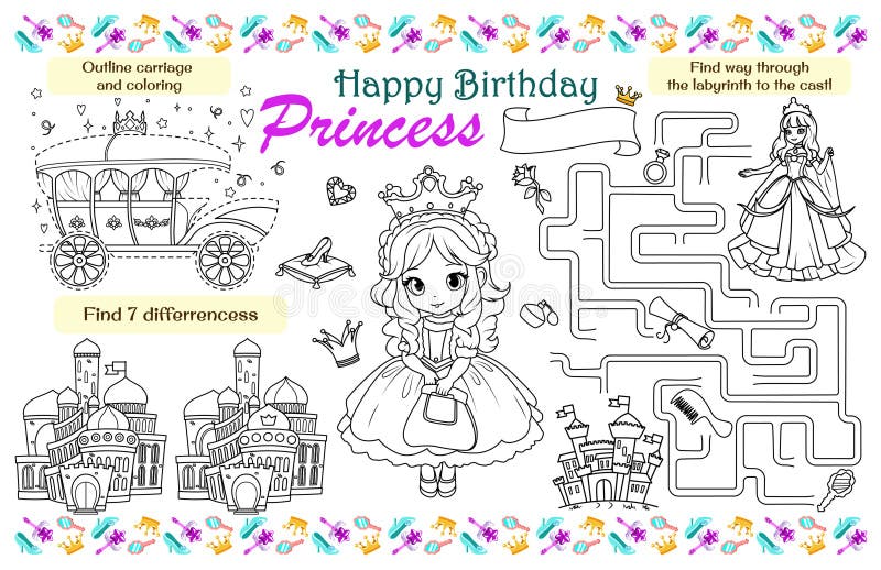 Print happy birthday princess mat with maze find differences and coloring page stock vector