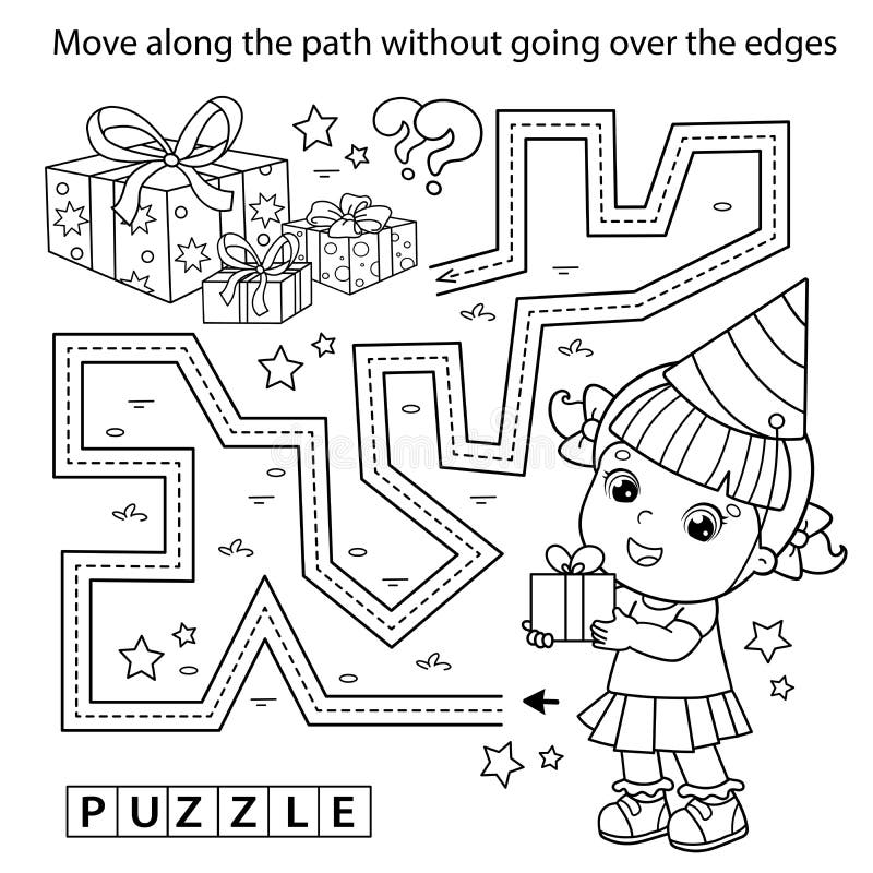 Handwriting practice sheet simple educational game or maze coloring page outline of cartoon little girl with gifts birthday stock vector