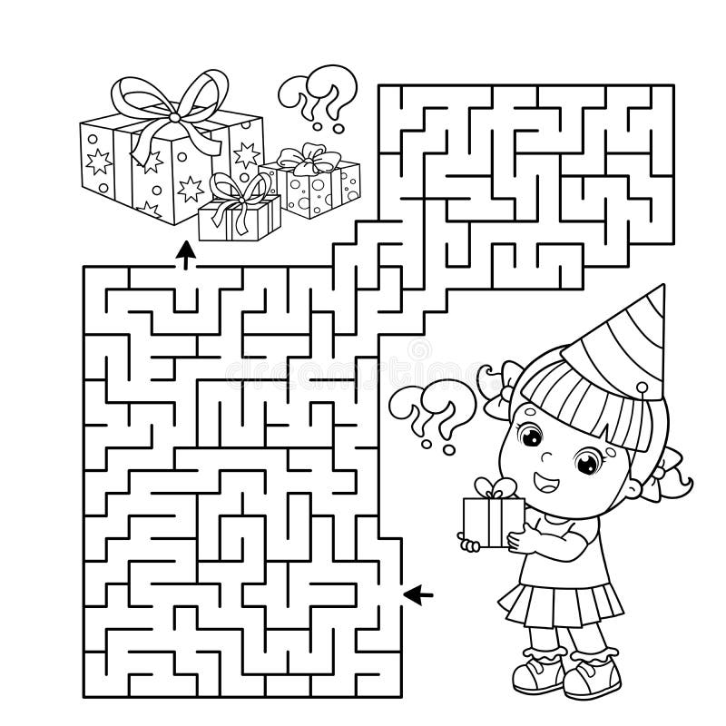 Maze or labyrinth game puzzle coloring page outline of cartoon little girl with gifts birthday stock vector