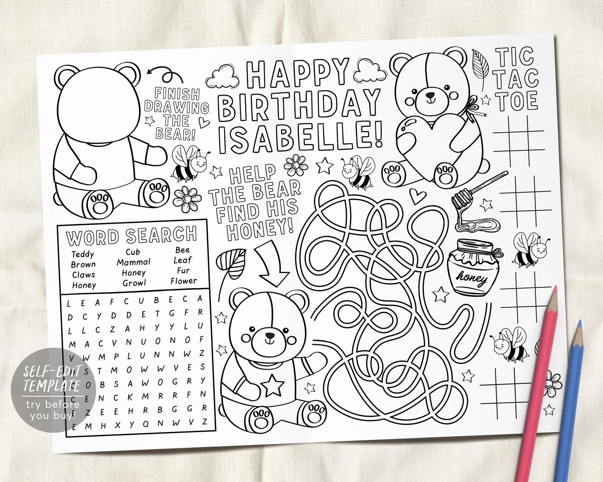 Teddy bear coloring placemat for kids editable template birthday part â puff paper co