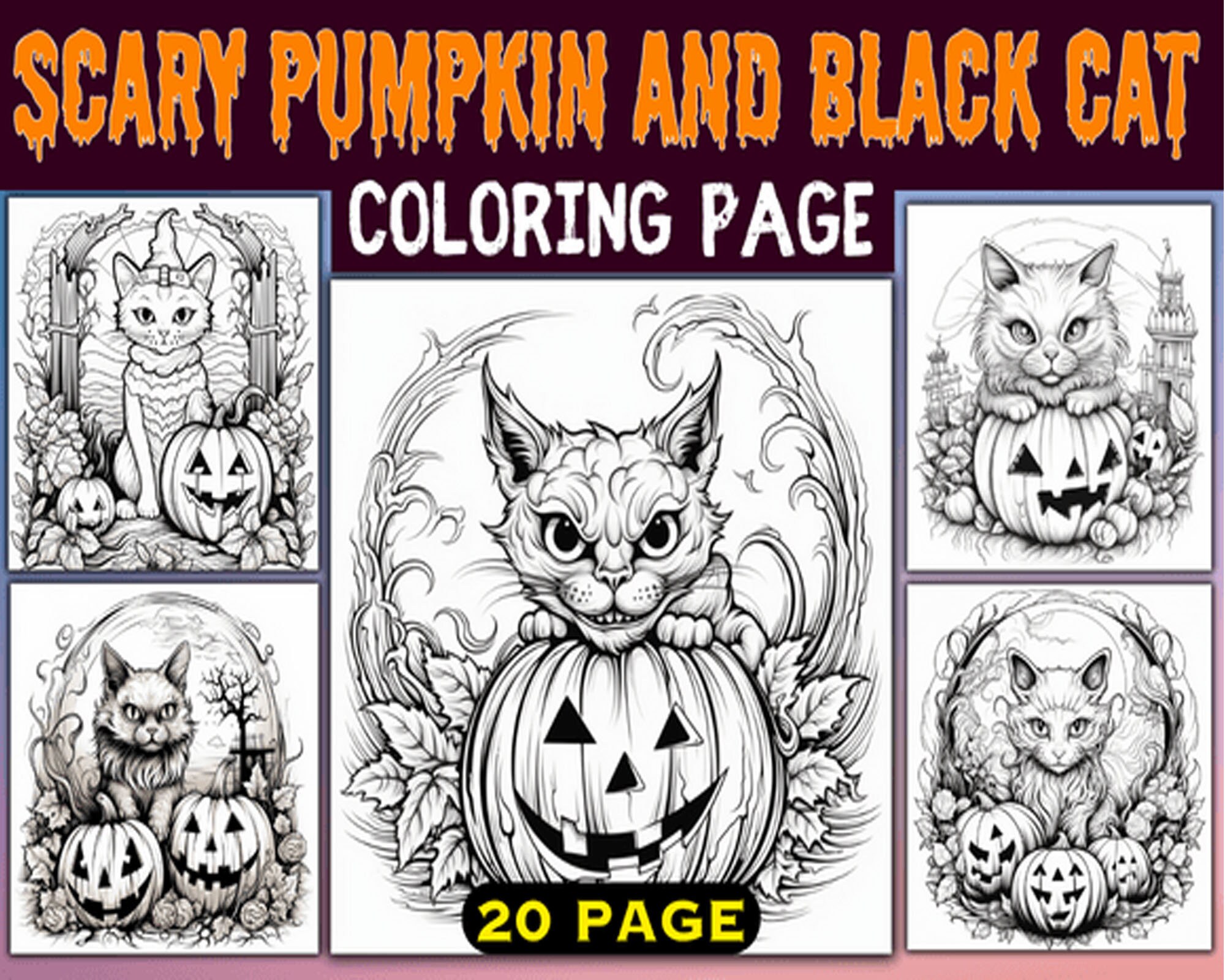 Scary pumpkin and black cat book spooky coloring sheets for teen and adult grayscale coloring pages printable instant download pdf file