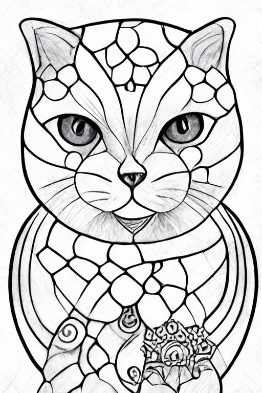 Black and white cat coloring page for adults printable outlined art christmas intricate details mandala background style