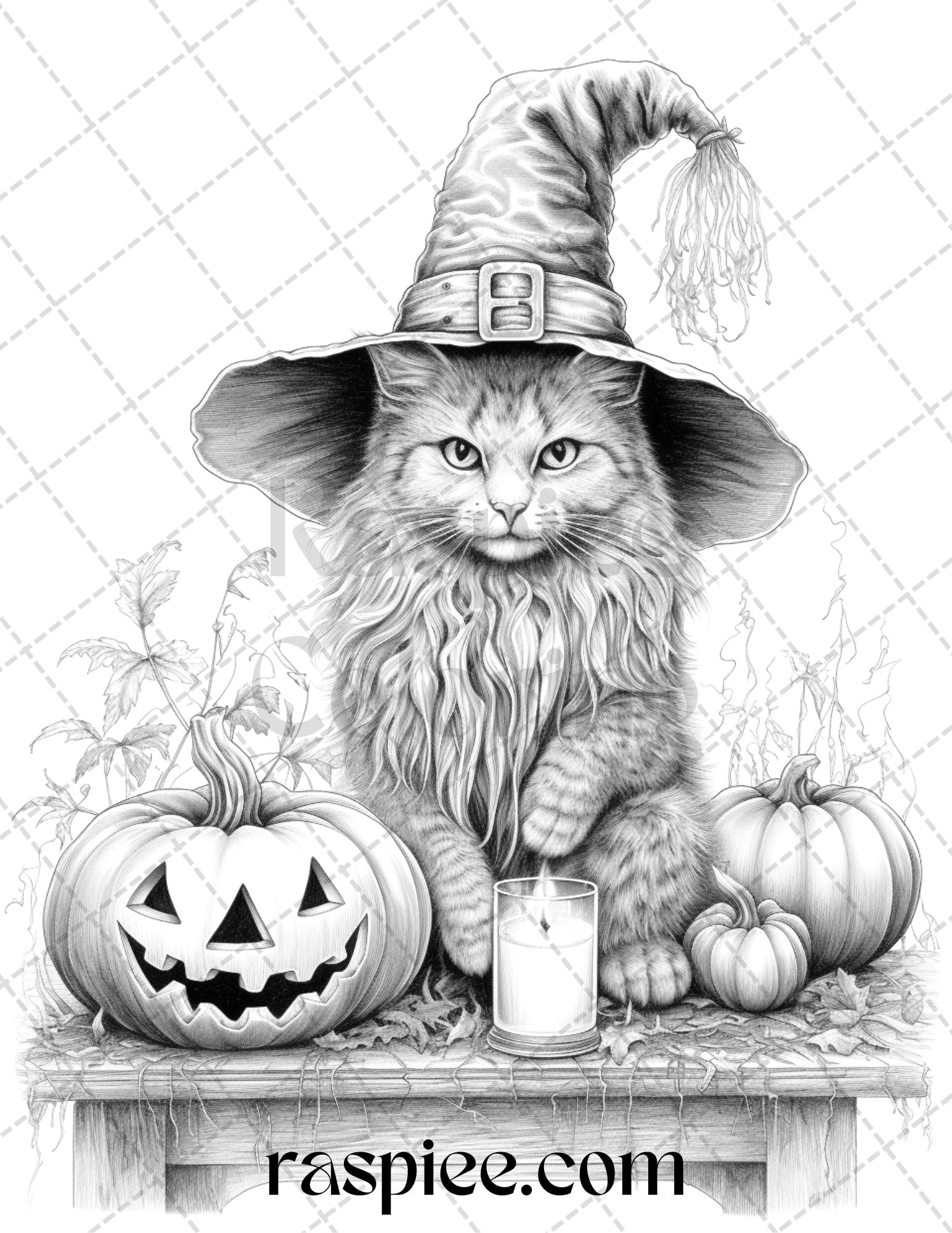 Halloween witch cat grayscale coloring pages printable for adults â coloring