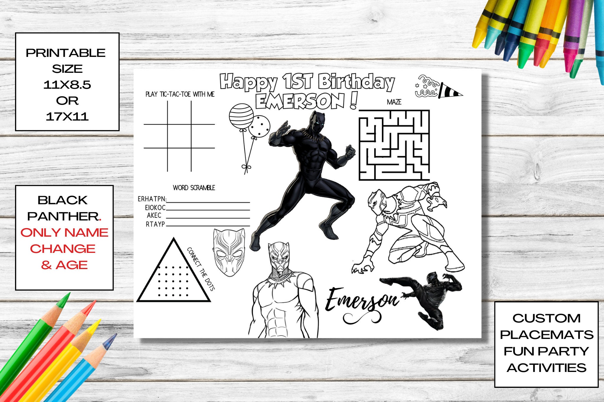 Printable black panther birthday kids activity place mat birthday cake coloring sheets birthday fun activity page printable