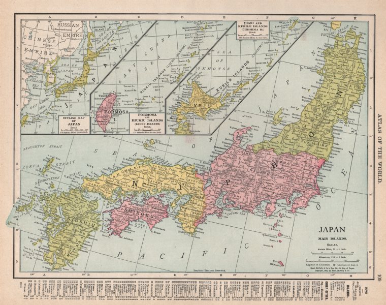 Japan main islands inset outline map of japan formosa and riukiu islands luchu islands yezo and kurile islands chishima is by rand mcnally co map antiqua print gallery