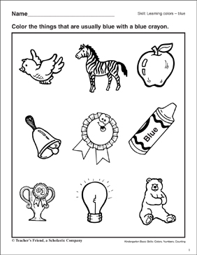 Learning the color blue kindergarten basic skills printable skills sheets