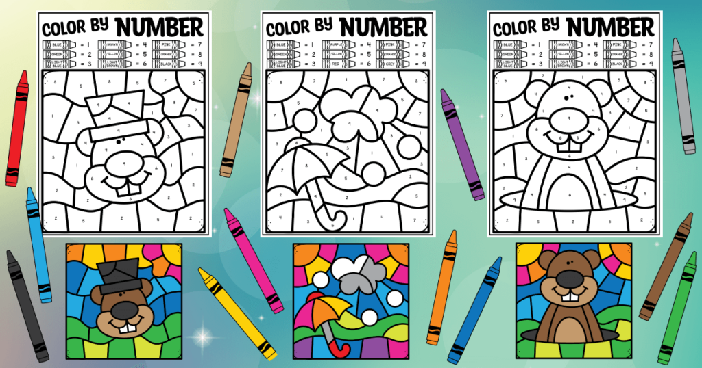 Groundhog day color by number coloring pages for kids