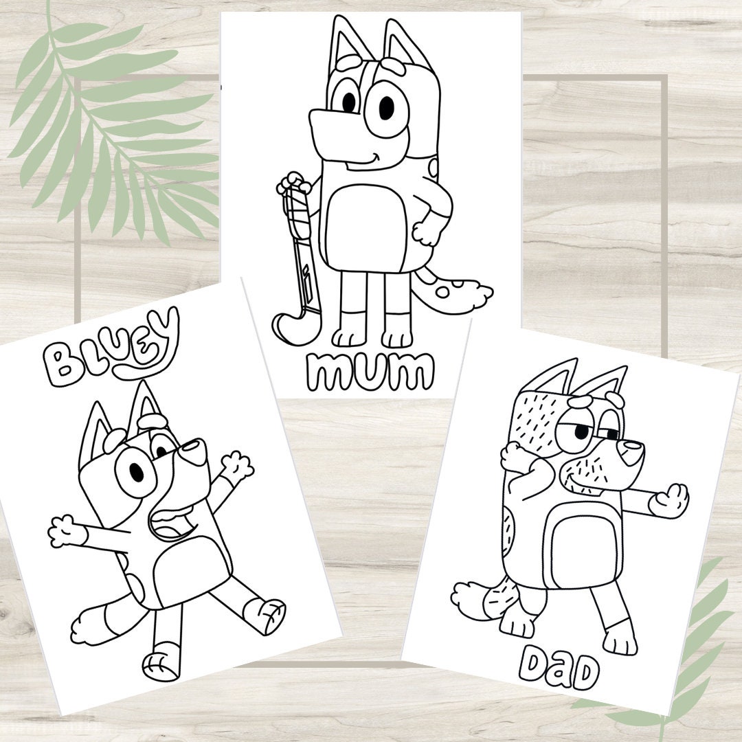 Bluey bingo coloring pages pack digital download bluey printable for kids to color at home or party mum bluey and dad edition