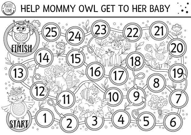 Premium vector mothers day black and white dice board game for children with cute animals holiday line boardgame with mother and baby owl deer fox family love activity printable worksheet or