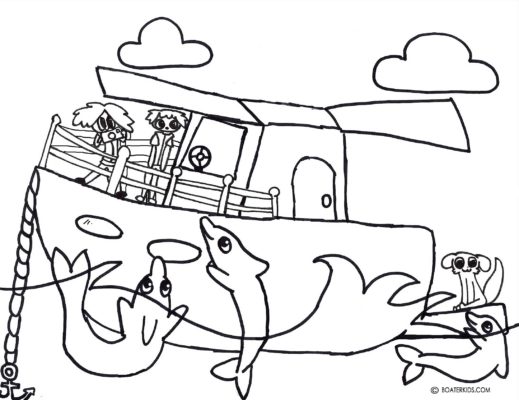 Boating printable coloring page for kids dolphin swim