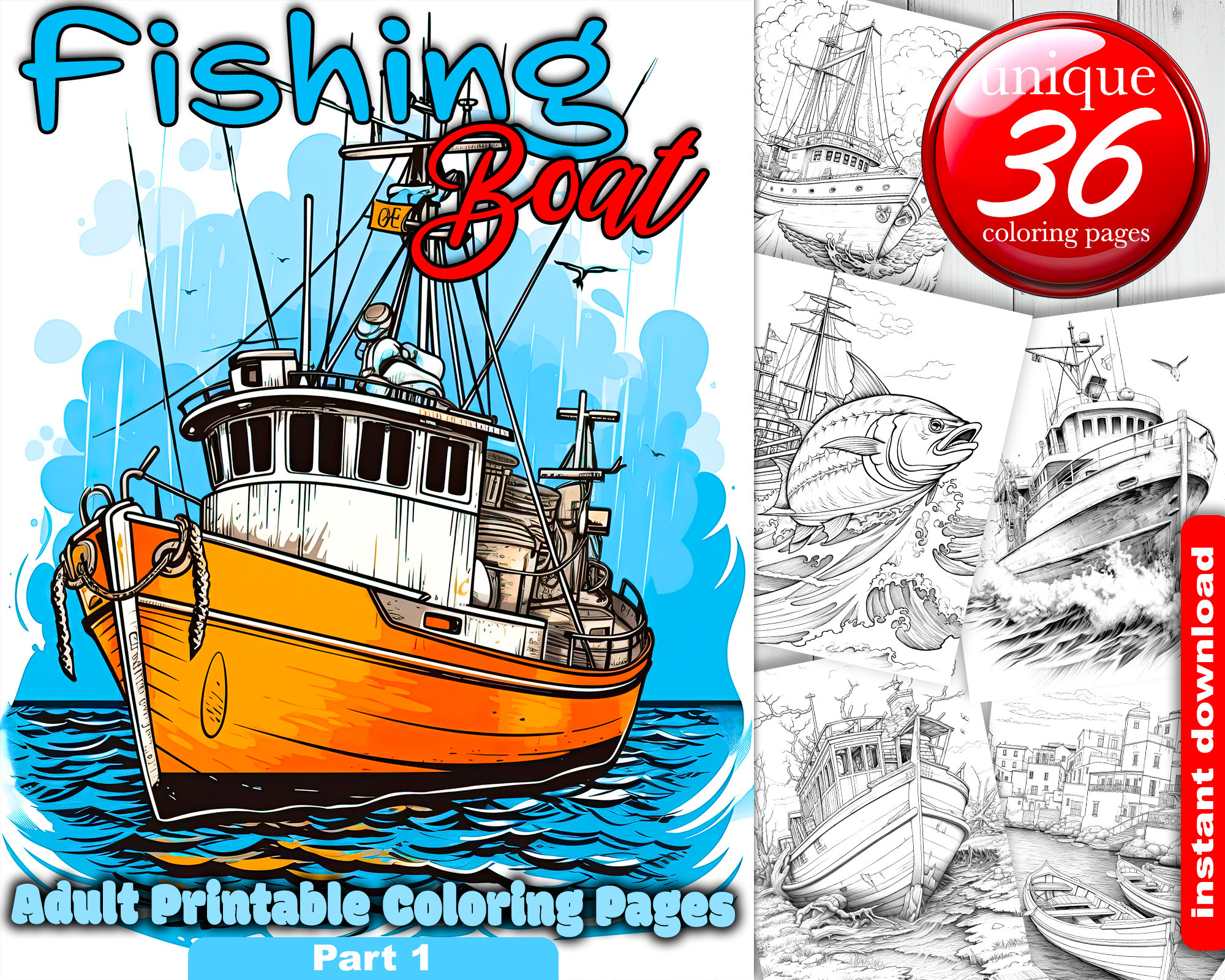 Fishing boats grayscale coloring page for adults or family printable coloring pages book instant download illustration pdf instant download