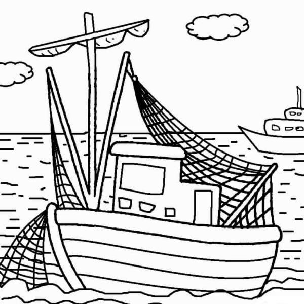 Fishing boat with nets coloring page