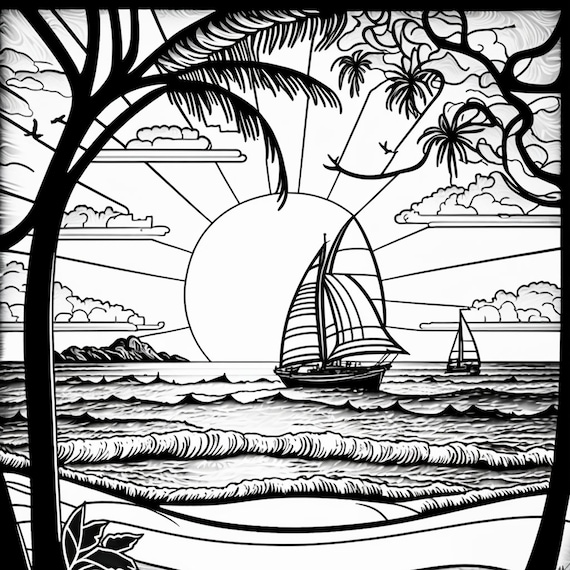 Beach scene coloring pages bundle png digital download pages beach sunset sailboat black and white coloring pages