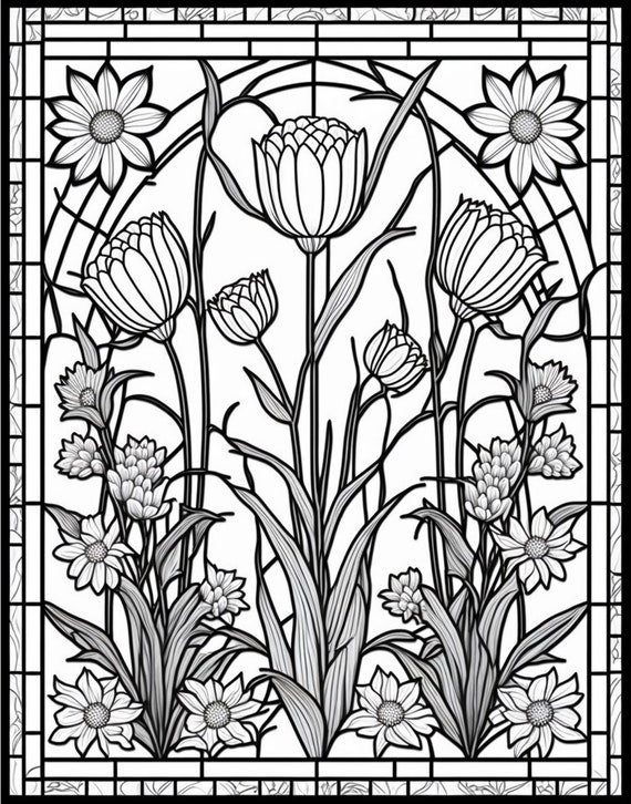 Flowers stained glass window printable adult coloring page from colouringquest coloring book pages for adults and kids instant download