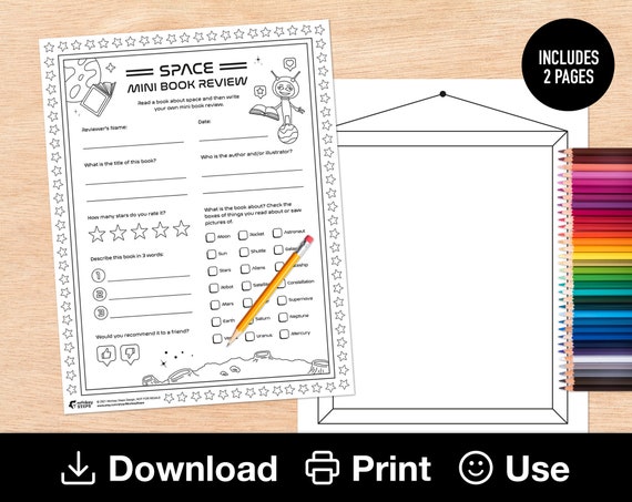 Mini book review template creative coloring prompt for space themed book kids book review reading tutor resources instant download