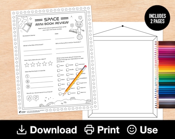 Mini book review template creative coloring prompt for space themed book kids book review reading tutor resources instant download