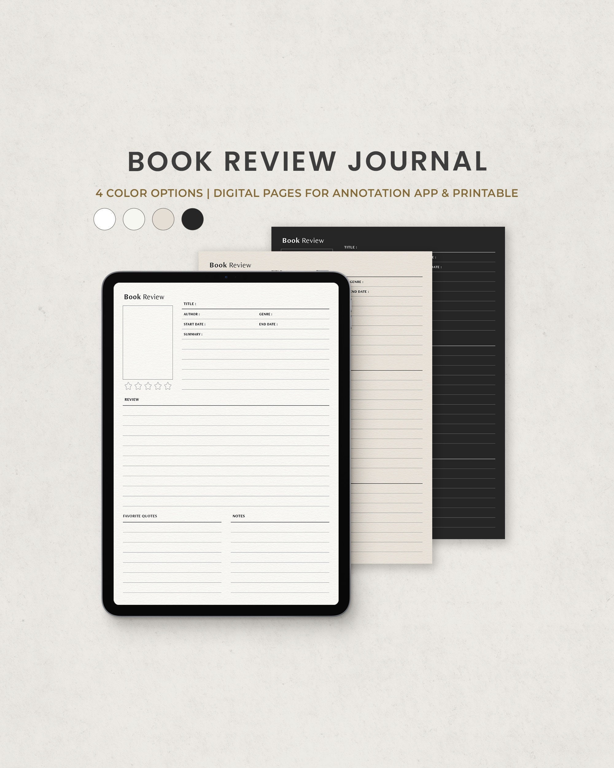 Book review journal reading digital planner template for goodnotes on ipad printable letter pdf beige dark minimal pages