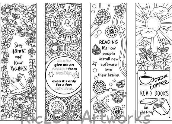Coloring bookmarks quotes about books and reading abstract zentangle art patterns doodles digital download
