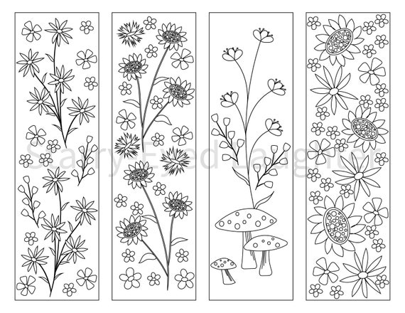 Coloring bookmarks flower adult coloring page pdf garden mushrooms cottagecore therapeutic self care activity printable birthday gift