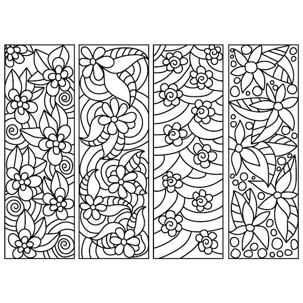 Premium vector set of bookmarks for coloring pages with floral motifs ornate patterns with leaves and buds